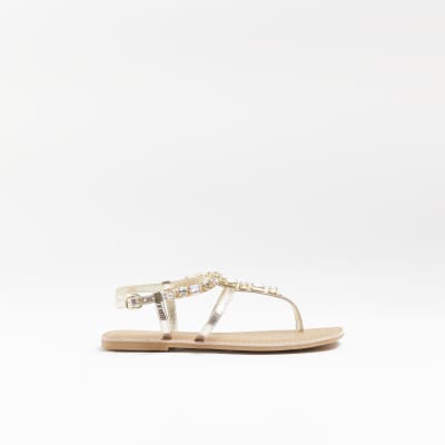 Gold wide fit leather embellished sandals River Island