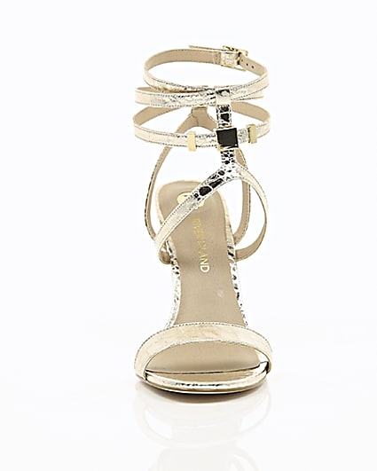 360 degree animation of product Gold wide fit metallic caged strappy sandals frame-4