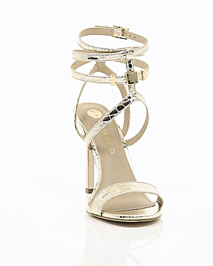 360 degree animation of product Gold wide fit metallic caged strappy sandals frame-5