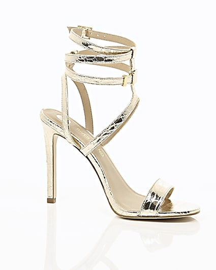 360 degree animation of product Gold wide fit metallic caged strappy sandals frame-8