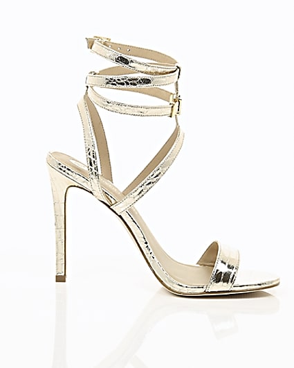 360 degree animation of product Gold wide fit metallic caged strappy sandals frame-9