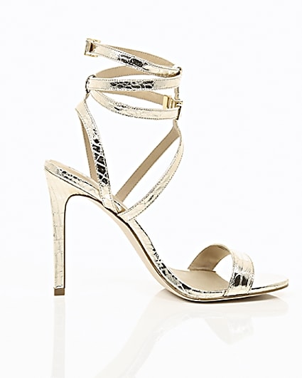 360 degree animation of product Gold wide fit metallic caged strappy sandals frame-10