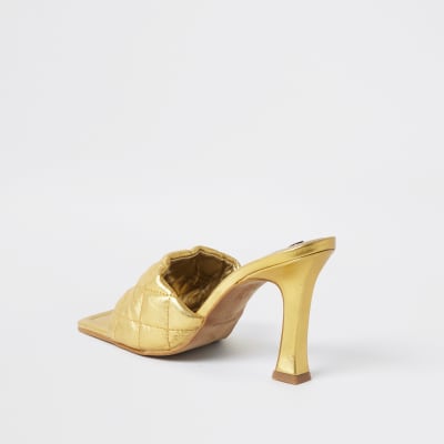 Gold woven square toe mule sandal