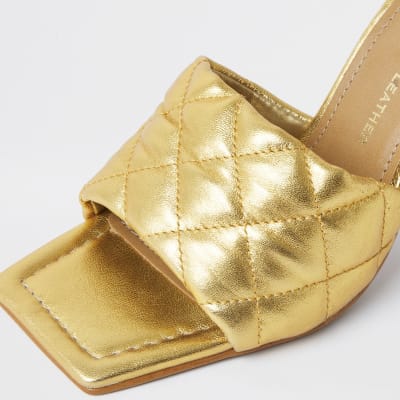 Gold woven square toe mule sandal