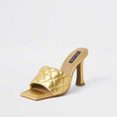 Gold woven square toe mule sandal