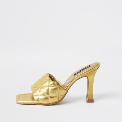 Gold woven square toe mule sandal