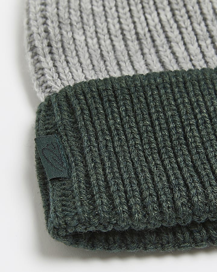 Green and grey colour block docker beanie hat