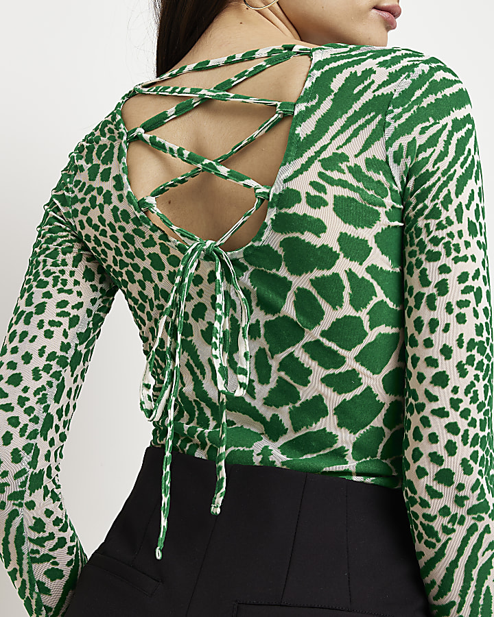 Green animal print devore bodysuit