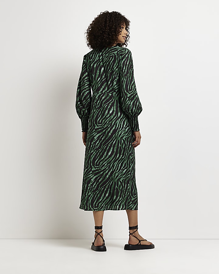 Green animal print lace midi dress