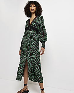 Green animal print lace midi dress
