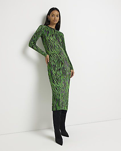 Green animal print midi bodycon dress