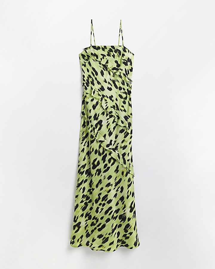 Green animal print satin maxi dress