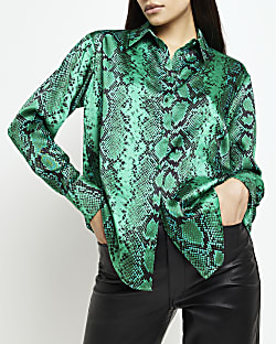 Green animal print satin oversized shirt