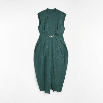 Green animal print satin shift midi dress