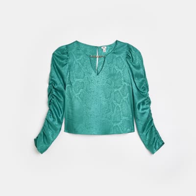 Green animal print satin top
