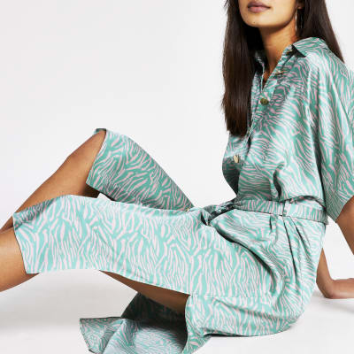 green animal print shirt dress
