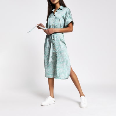 green animal print shirt dress