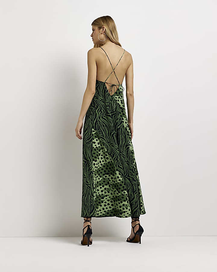 Green animal print slip maxi dress
