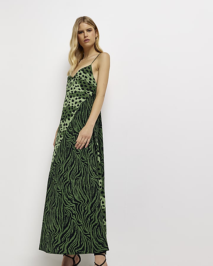 Green animal print slip maxi dress
