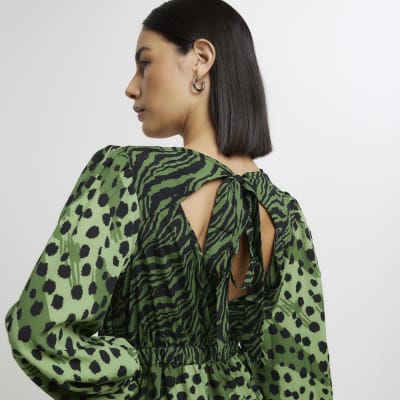 Green animal print swing midi dress | River Island