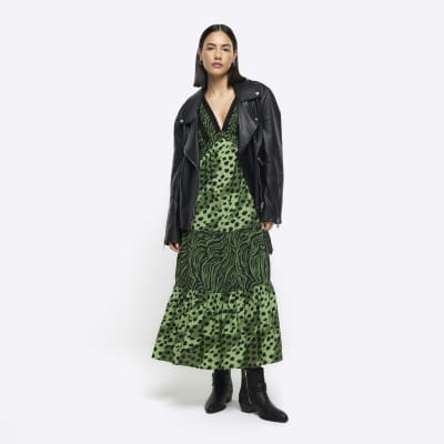 Green animal print swing midi dress | River Island