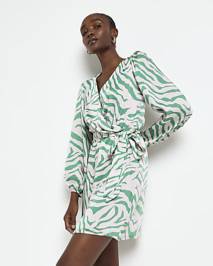 Green animal print wrap mini dress