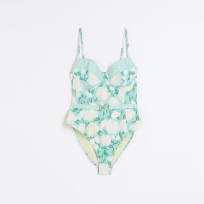 Green aqua floral structured swimsuit River Island