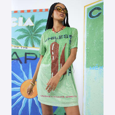 Green Atlas Short Sleeve Chilli Sequin Dress