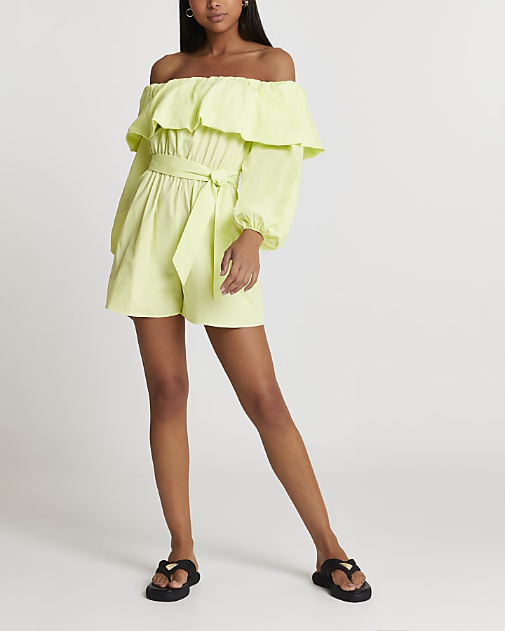 Green bardot frill belted playsuit