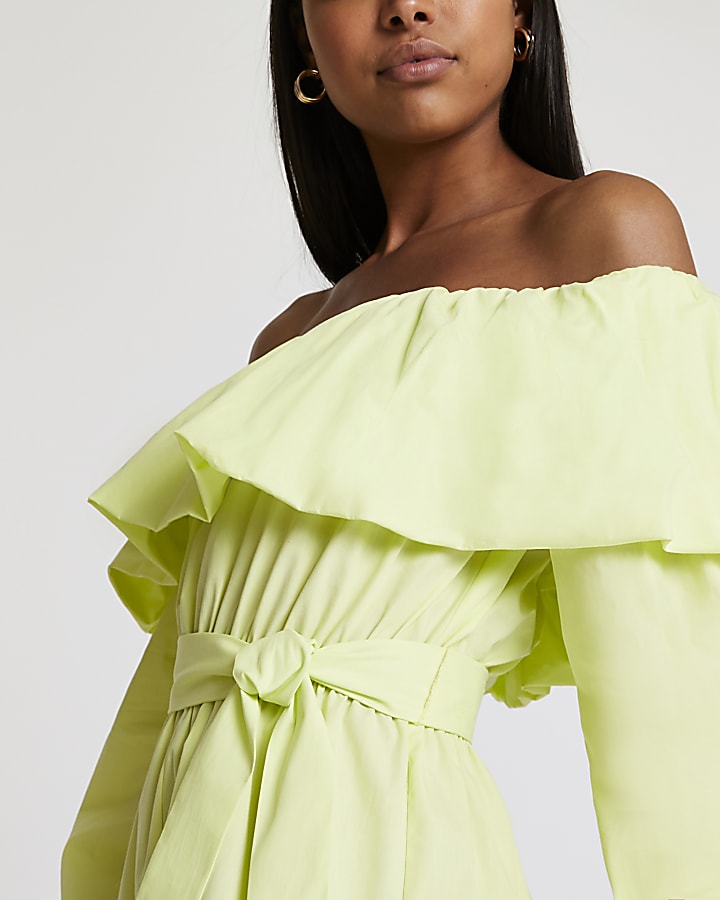 Green bardot frill belted playsuit