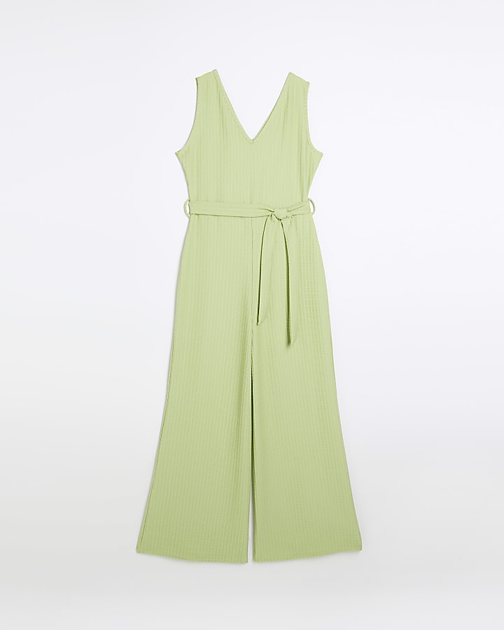 Green belted flare jumpsuit