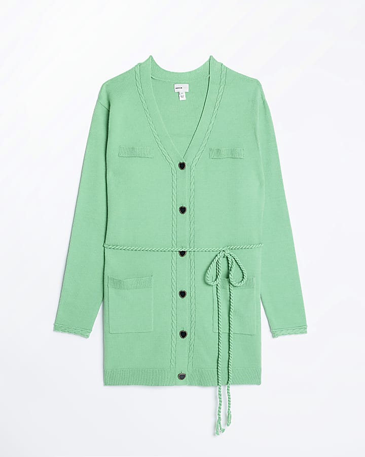 Green belted long sleeve cardigan