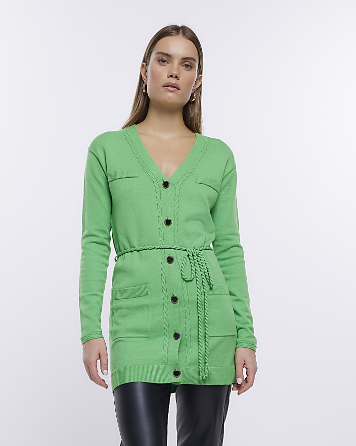 Green belted long sleeve cardigan