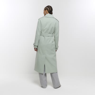 Green belted longline trench coat River Island