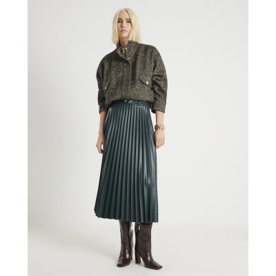 Green Belted Pleated Midi Skirt