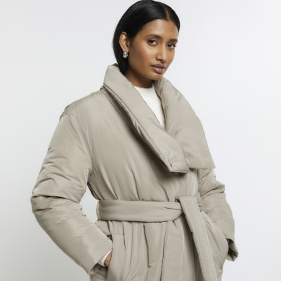 Green belted wrap puffer jacket River Island