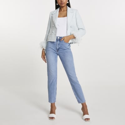 Green boucle jacket feather cuffs