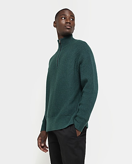 Green Boxy fit half zip knitted jumper