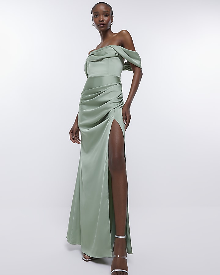 Green Bridesmaid Bardot Maxi Dress