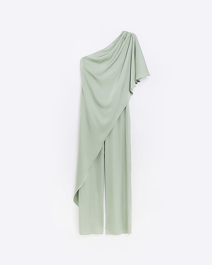 Green Bridesmaid Drape Shoulder Jumpsuit
