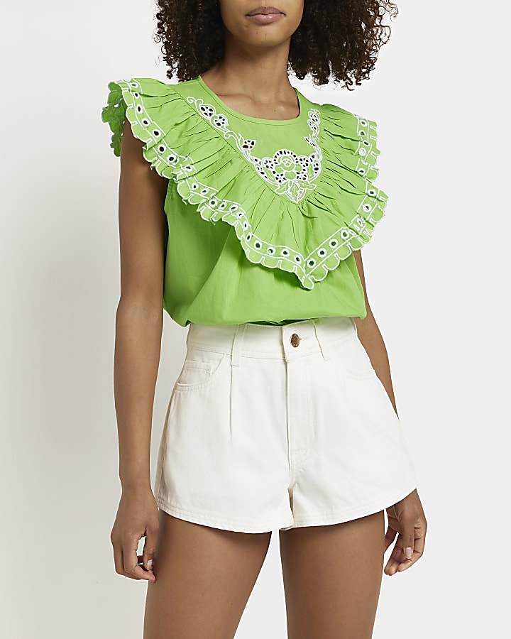 Green broderie frill blouse