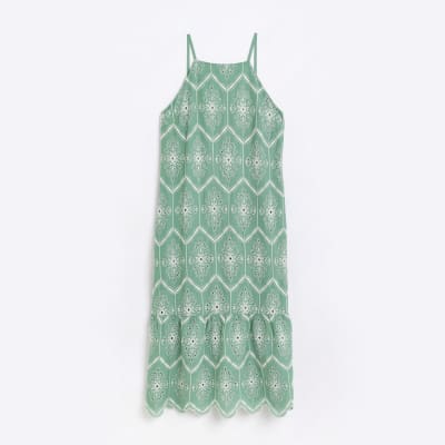Green broderie midi dress