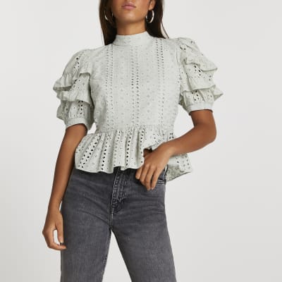 Green broderie open back blouse top | River Island