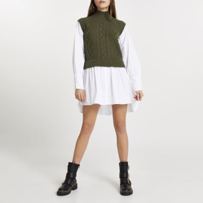 Green cable knit high neck shirt dress
