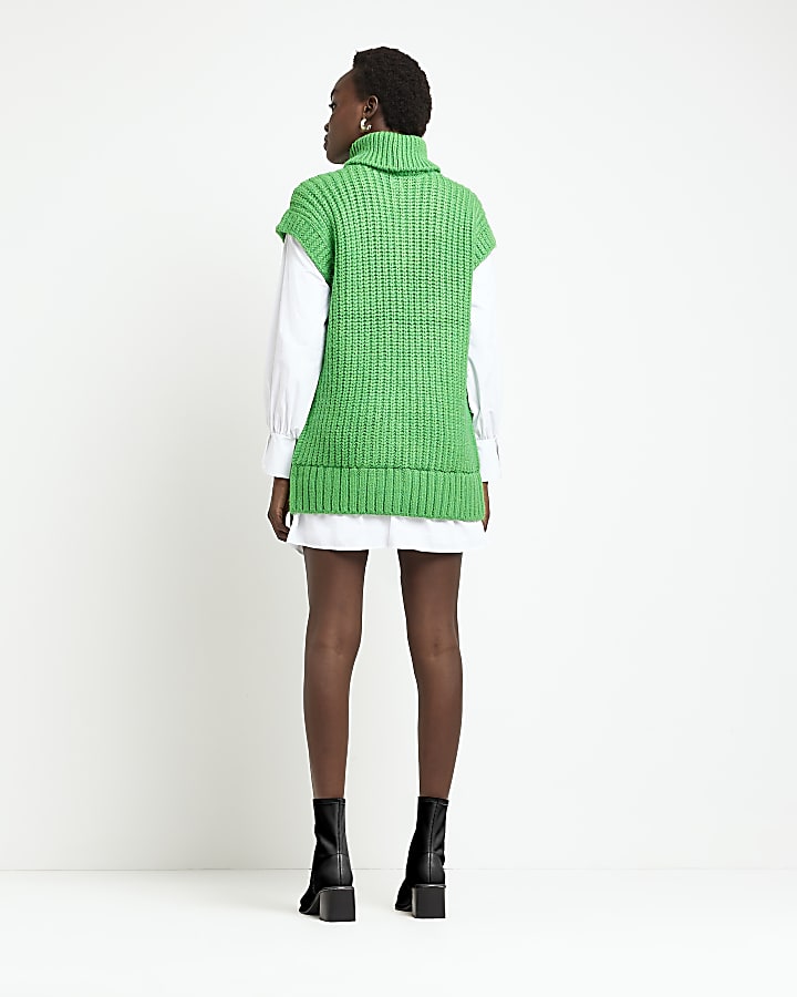 Green cable knit mini jumper shirt dress