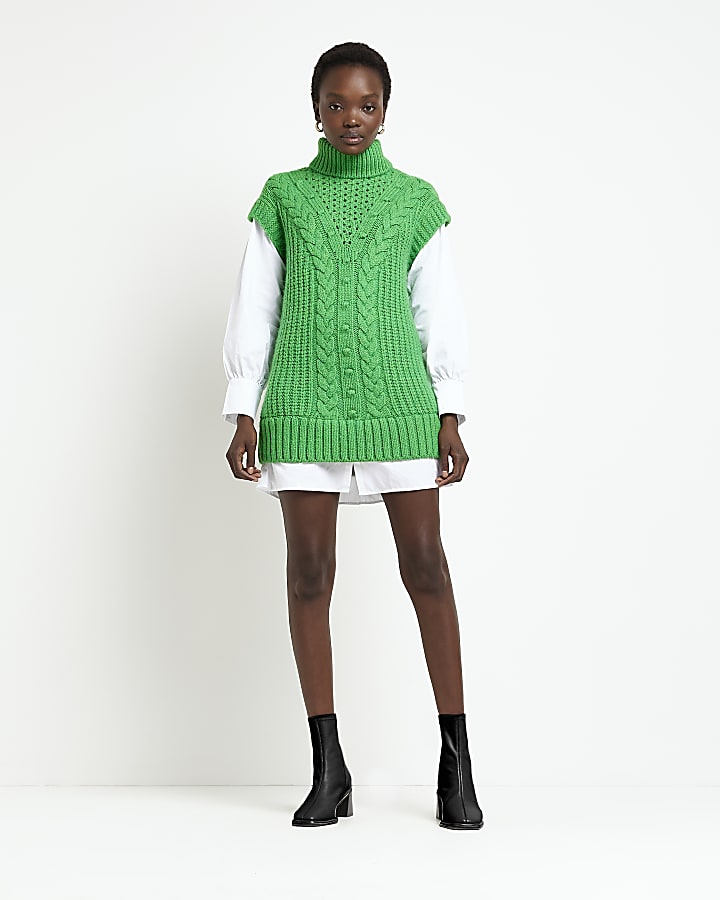 Green cable knit mini jumper shirt dress