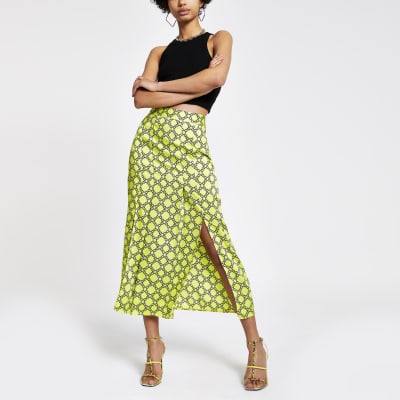 Green chain print midi skirt