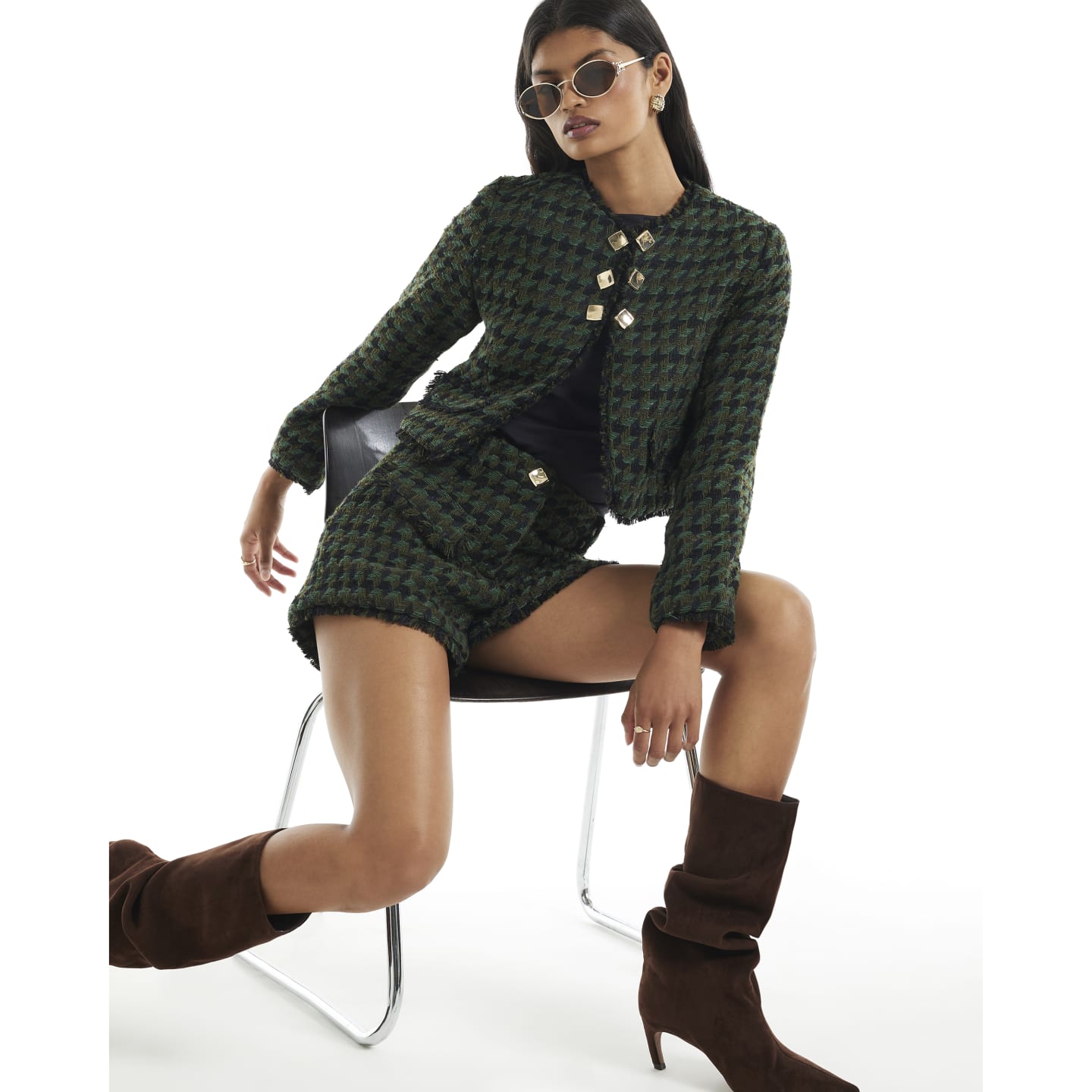 River Island Green Check Boucle Cropped Jacket — photo 1 of 1
