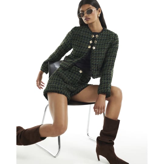 River Island Green Check Boucle Cropped Jacket