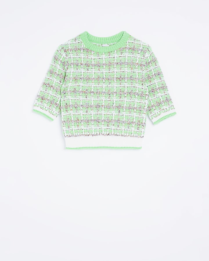 Green check knit short sleeve top